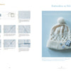 Whitework Embroidery by Schiffer Publishing, Ltd. is displayed on a light blue background with a cream knitted hat featuring a pom-pom, blue and white buttons, and whitework embroidery. Embroidery stitch instructions are shown on the left side.