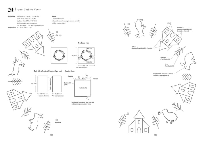 The "Whitework Embroidery" pattern by Schiffer Publishing, Ltd. features black-and-white cushion cover designs with rabbits, trees, houses, and clear assembly diagrams—ideal inspiration for traditional whitework or needlework projects.