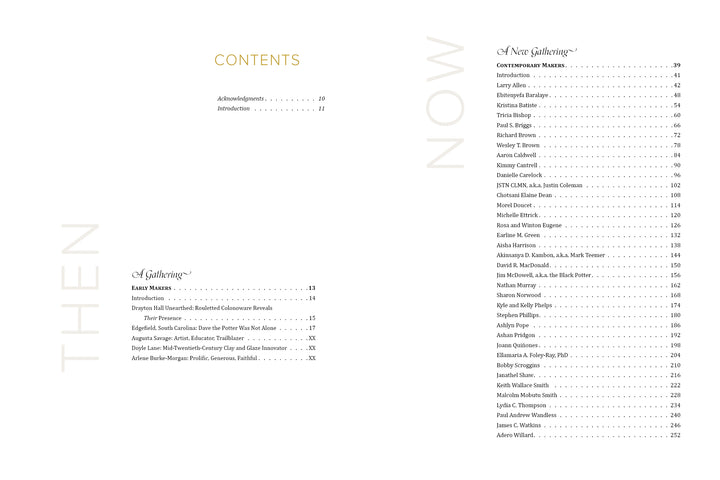 The table of contents in *Contemporary Black American Ceramic Artists* (Schiffer Publishing, Ltd.) features "THEN" and "NOW" sections, with acknowledgments, introduction, and "Next Gatherings: Contemporary Makers" listing artists by page.