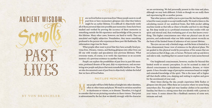 Ancient Wisdom Scrolls, Past Lives by Schiffer Publishing, Ltd. features a gold title and text on reincarnation and memories of past lives, with insights from the Tibetan Book of the Dead printed on textured parchment.