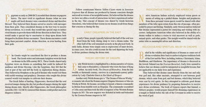 The "Ancient Wisdom Scrolls, Lucid Dreams" by Schiffer Publishing, Ltd. features a beige page with six text columns on the history of dreams—covering Egyptian, Greek, Roman, Western, indigenous American, and biblical views—with drop caps and notes on past life memories.
