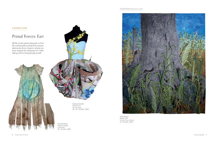 On the left, two artistic dresses evoke SAQA exhibit styles; on the right, a tree trunk with ferns recalls quilt museum art. Both are featured in "Museum Quality" by Schiffer Publishing, Ltd.