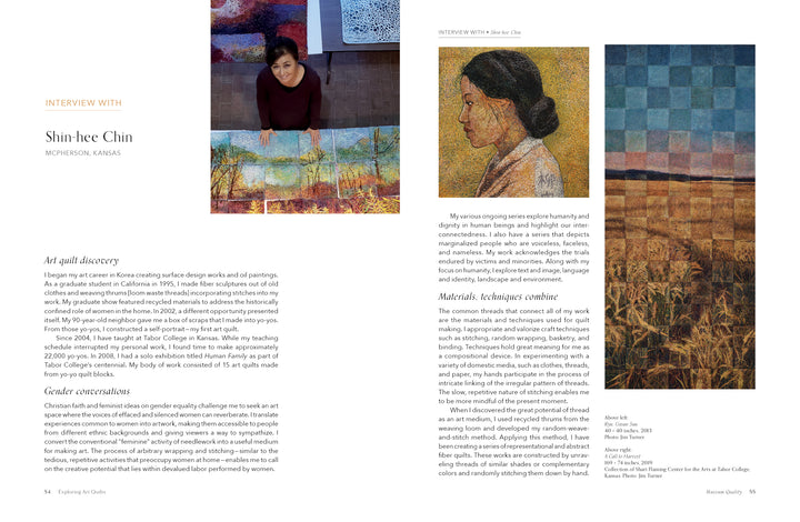 A magazine spread from Schiffer Publishing, Ltd.'s "Museum Quality" features an interview with artist Shin-hee Chin. One page shows her behind a vibrant quilt; the other displays two textile artworks: a woman's profile and a landscape.