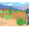 An illustrated scene from "A Bone for Bo" by Schiffer Publishing, Ltd. features a fluffy gray dog in a desert yard with cacti near an adobe house as a woman paints outdoors—ideal for a Georgia O’Keeffe-inspired children’s book.
