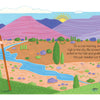 A woman in a blue dress and black hat, inspired by American modernist art, walks her fluffy gray dog near a river beneath purple hills and a rising sun. "A Bone for Bo" by Schiffer Publishing, Ltd. appears as text on the right side.
