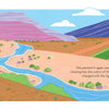 An illustrated scene from *A Bone for Bo* by Schiffer Publishing, Ltd. shows Georgia O’Keeffe and her dog painting outdoors by a river and the Pedernal Mountain, celebrating her passion for American modernist art on a sunny day.