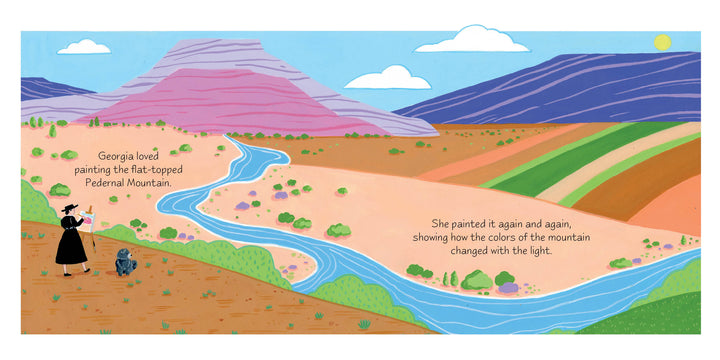An illustrated scene from *A Bone for Bo* by Schiffer Publishing, Ltd. shows Georgia O’Keeffe and her dog painting outdoors by a river and the Pedernal Mountain, celebrating her passion for American modernist art on a sunny day.