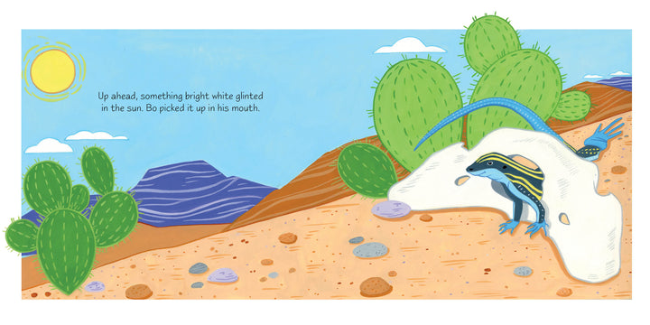 A blue lizard in a striped hat finds a white bone under a desert rock, inspired by American modernist art. From "A Bone for Bo" by Schiffer Publishing, Ltd.: “Up ahead, something bright white glinted in the sun. Bo picked it up in his mouth.”.