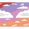 A vibrant American modernist-style scene for Schiffer Publishing, Ltd.’s "A Bone for Bo," features a pink, purple, and red sky, text in white cloud shapes, and scattered animal bones—skulls, antlers, and jawbones—around the border.