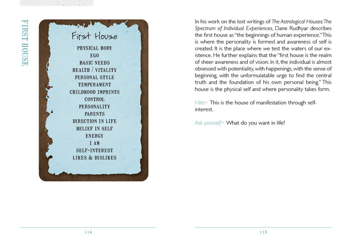 An open book, The Everglow by Schiffer Publishing, Ltd., shows a page titled First House on torn blue paper listing Physical Body, Self, and Interests. The opposite page details the First House’s astrological meaning and tie to astrology cards.