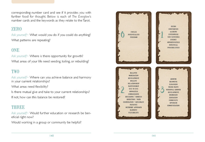 In The Everglow by Schiffer Publishing, Ltd., a book spread covers Tarot divination, card meanings, and reflective questions for cards 0–3. Illustrated cards with keywords appear on pages 140–141.