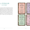 A spread in The Everglow by Schiffer Publishing, Ltd. explains suit cards with text on the left and four colored cards—Action, Emotions, Security, and Thoughts—on the right, each listing Tarot-inspired keywords.