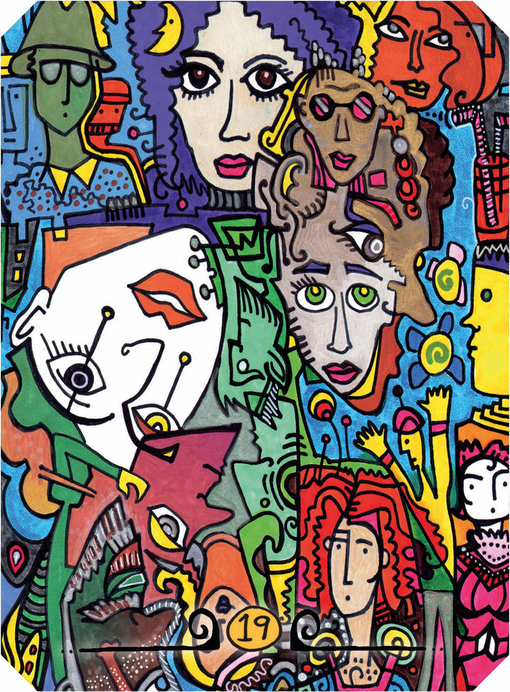 Powerful Perspectives by Schiffer Publishing, Ltd. is a colorful abstract artwork of overlapping, stylized faces and figures with vivid hair and bold outlines. The number 19 at the bottom center evokes empowerment and oracle-like intuitive guidance.