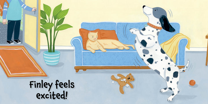 A spotted dog stands on hind legs by an open door, while a relaxed orange cat lounges on a blue couch in a cozy room. Toys and a plant surround them. Text reads, Finley feels excited!—a warm children’s board book from Schiffer Publishing, Ltd.