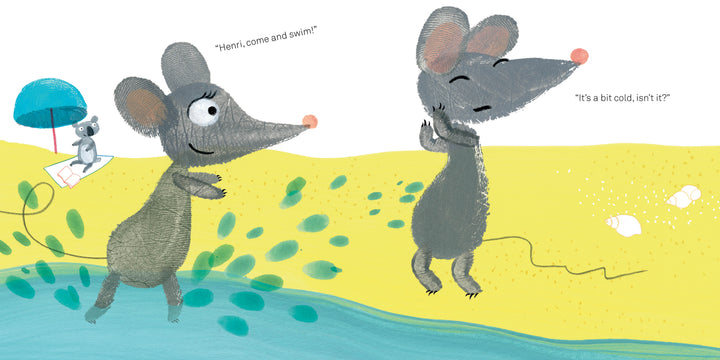 In "Lili at the Beach" by Schiffer Publishing, Ltd., gray mice enjoy the sandy shore—one calls from the water, “Henri, come and swim!” as another shivers on land, while a fingerprint-illustrated mouse sits under a blue umbrella.