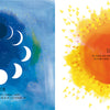 Two illustrated pages from Opposites by Schiffer Publishing, Ltd.: Left—starry blue with moon phases and science poetry. Right—a radiant orange sun with a poem. A poetic celebration of natural opposites for children.