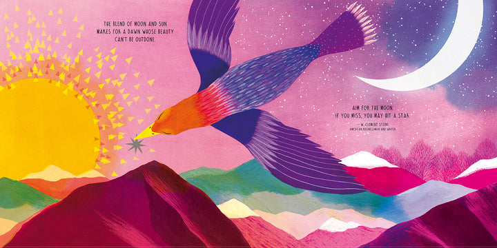Opposites" by Schiffer Publishing, Ltd. features a vibrant bird soaring between a bright yellow sun and crescent moon over pink and purple mountains, with stars and quotes—an ideal picture book for children exploring natural opposites.
