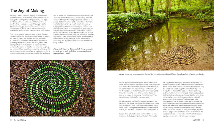 A circular arrangement of small stones rests in a woodland stream with trees above, while an inset reveals a landscape artist’s spiral of green leaves—featured in Land Art by Schiffer Publishing, Ltd.