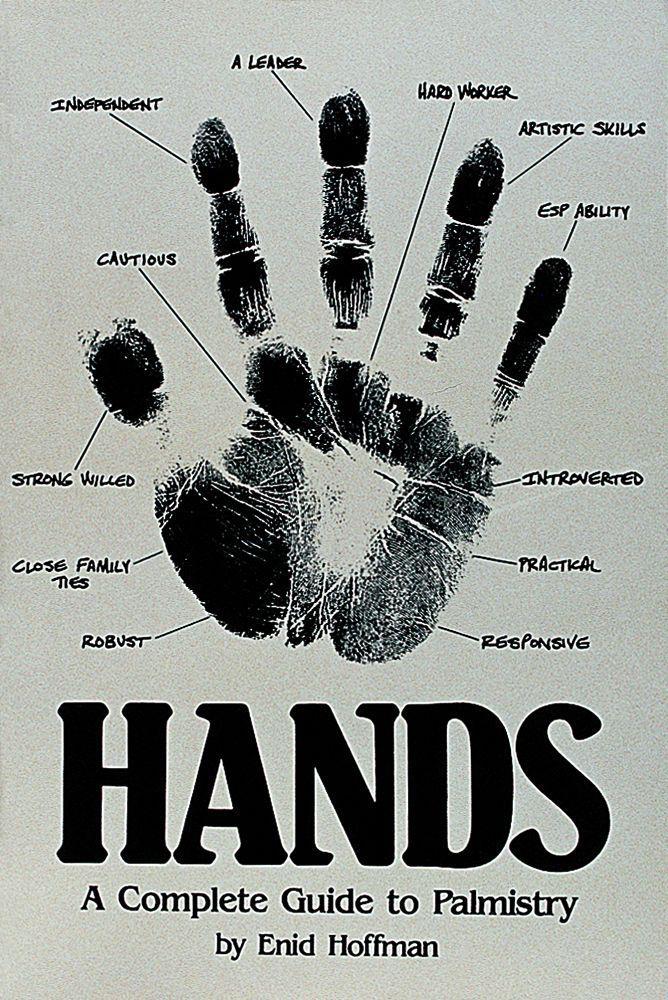 A black palm print with labeled traits—like Independent, A Leader, Hard Worker, Artistic Skills—features on the cover. Below is the title: HANDS - GUIDE TO PALMISTRY by Schiffer Publishing.