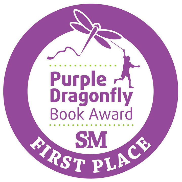 A purple circular badge with a dragonfly and a child holding a string, displaying: Purple Dragonfly Book Award SM FIRST PLACE—honoring "A Poem Is a Firefly" by Schiffer Publishing, Ltd. for excellence in children's poetry.