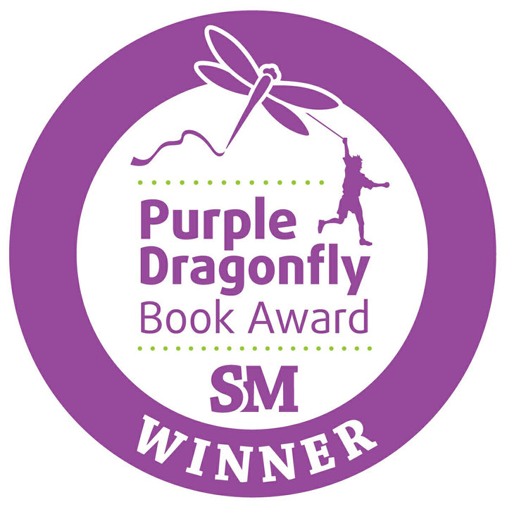 A purple circular badge on "My Big Birthday Party" by Schiffer Publishing, Ltd. shows a dragonfly and a person holding its tail. Text: Purple Dragonfly Book Award SM WINNER with green dots—perfect for vocabulary building.