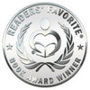 A silver medal with "READERS FAVORITE BOOK AWARD WINNER" encircles a stylized figure reading Schiffer Publishing, Ltd.’s Mega Awesome Notebook, flanked by laurel branches.