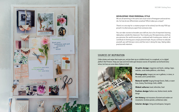 On the left, a mood board with photos and art supplies sets the scene for prop styling; on the right, a desk with magazines, notebooks, and a camera. Overlaid text highlights Styling Beyond Instagram by Schiffer Publishing, Ltd. and creative inspiration.